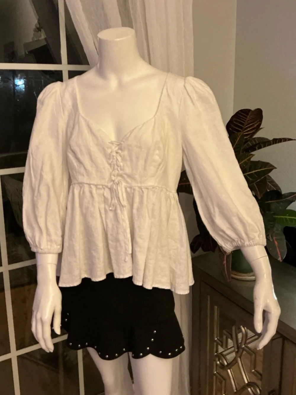 Reformation Linen White Puff-Sleeve Babydoll Top Lace-Up Bodice Boho Size 10